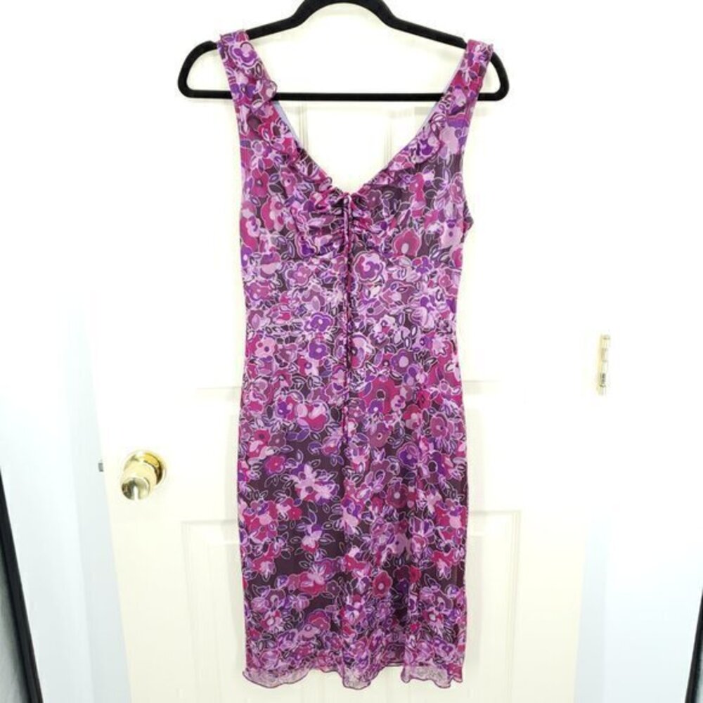 VTG 2000s/Y2K Rampage Cinched-Neckline Sheer Ruffled Floral Dress M Purple/Pink